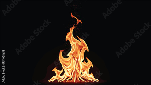 Powerful illustration of bright yellow and orange flames burning fiercely against a solid black background for contrast.