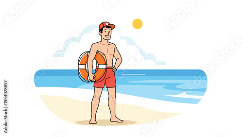 Cheerful illustration of a male lifeguard standing on a sunny beach with a lifebuoy ready to rescue swimmers in the ocean.