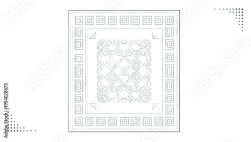 Intricate black and white line art pattern for a rectangular ornamental rug with geometric motifs and floral borders.