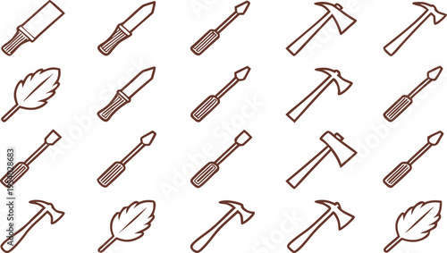 A collection of various outline icons featuring hand tools like screwdrivers axes and forest leaves