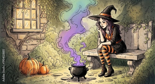 Young witch stirring cauldron with purple smoke in Halloween setting  