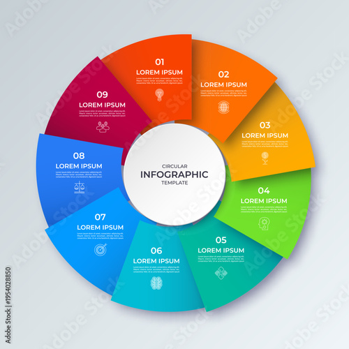 Vector infographic circle with nine steps, parts. Cycle diagram with 9 options. Round chart that can be used for report, analytics, data visualization and presentation.