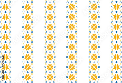 Traditional Ukrainian folk embroidery pattern featuring yellow flowers and blue geometric symbols on white background.