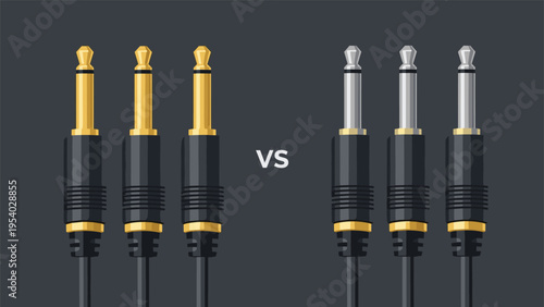 Comparative product illustration showing three gold plated audio jack plugs versus three silver plated connector plugs.