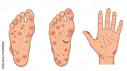 Medical illustration showing the appearance of multiple viral warts and skin lesions on the soles of feet and a palm.