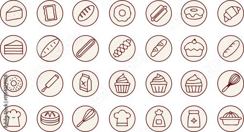 Set of various bakery and pastry themed icons featuring breads cakes and professional tools