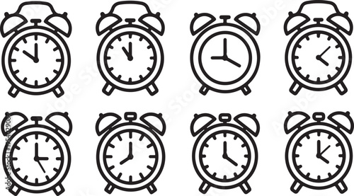 A collection of eight different alarm clocks displaying various times Vector