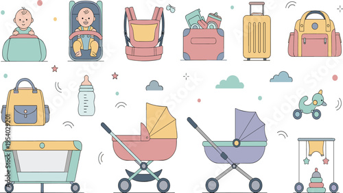 Baby Travel and Stroller Essentials Vector Set with Car Seat Backpack Luggage Bottle Pram and Nursery Accessories for Parenting Illustration Design.