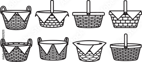 Assorted baskets with different shapes and handles displayed in a row Vector
