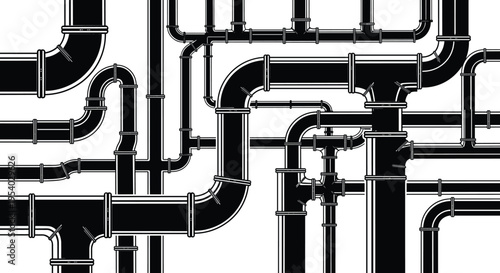 Black and white industrial pipe network illustration, featuring complex plumbing systems, water infrastructure, interconnected tubes, and engineering drainage lines for background.