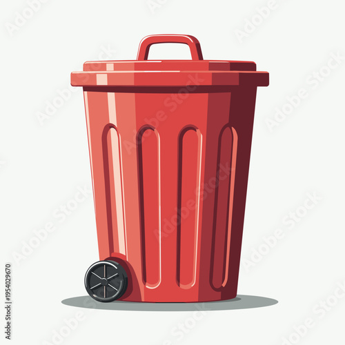 Red trash bin with a lid and wheel, ideal for waste management and recycling concepts in urban living environments. Useful for articles on cleanliness and environmental sustainability.