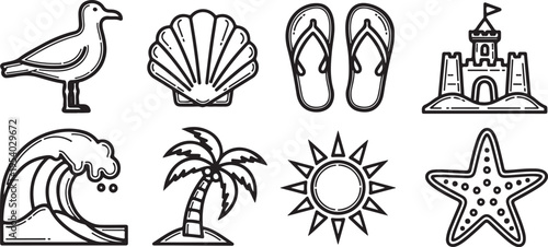 A collection of beach-themed icons featuring a seagull, seashell, flip flops, castle, wave, palm tree, sun, and starfish Vector