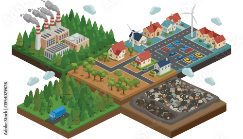 Ecological city illustration with industrial, residential, and natural areas