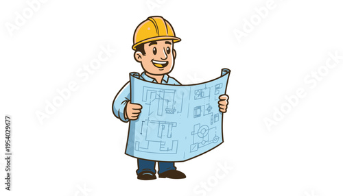 Engineer holding a large blueprint in a yellow hard hat and blue shirt