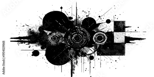 A black grunge vector illustration featuring a music speaker silhouette with ink splat patterns and dirty paint splatters for a rock disco party banner design