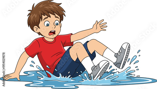 A cartoon boy slipping and falling into a puddle of water