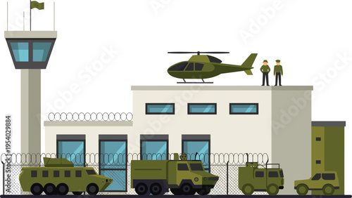 Military base illustration featuring armored vehicles helicopter control tower and soldiers behind a barbed wire fence.