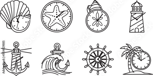Nautical-themed clocks and symbols in a vintage illustration style Vector