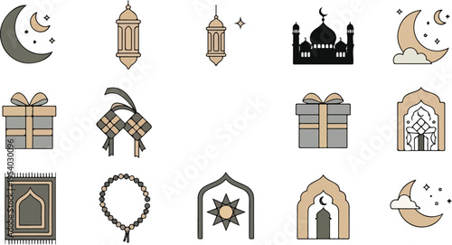 A collection of colorful Islamic and Ramadan themed icons is displayed.