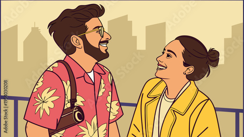 A smiling couple standing together in front of a city skyline, enjoying a romantic moment.