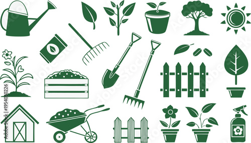 Set of green gardening icons featuring tools plants and structures for agricultural activities