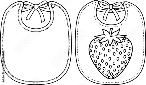 Baby bib flat sketch technical vector illustration with strawberry print and bow tie detail, infant clothing design template for CAD