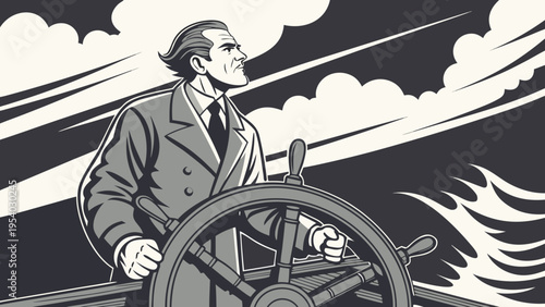 A confident businessman steering a ship through turbulent waters, symbolizing leadership and control.