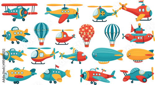 Cartoon flying transport collection vector illustration airplanes helicopters airships hot air balloons colorful aviation set cute vehicles kids design isolated icons