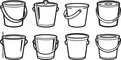 Various styles of buckets with handles and lids in a row Vector