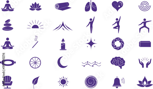 A comprehensive collection of purple yoga and wellness icons representing meditation and healing