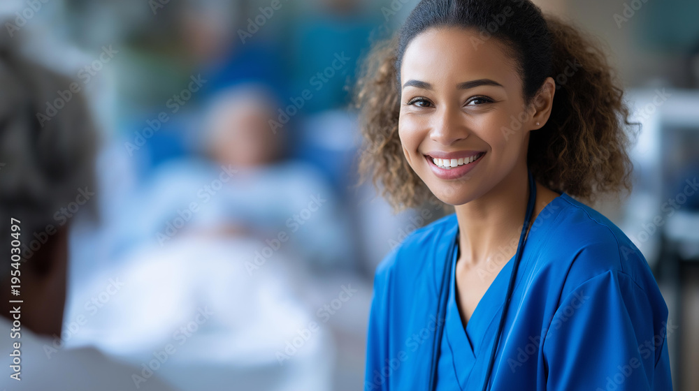 Fototapeta premium Young female volunteer smiling at an elderly woman in a hospital bed, senior care, compassionate volunteering, healthcare lifestyle, defocused hospital background, with copy space