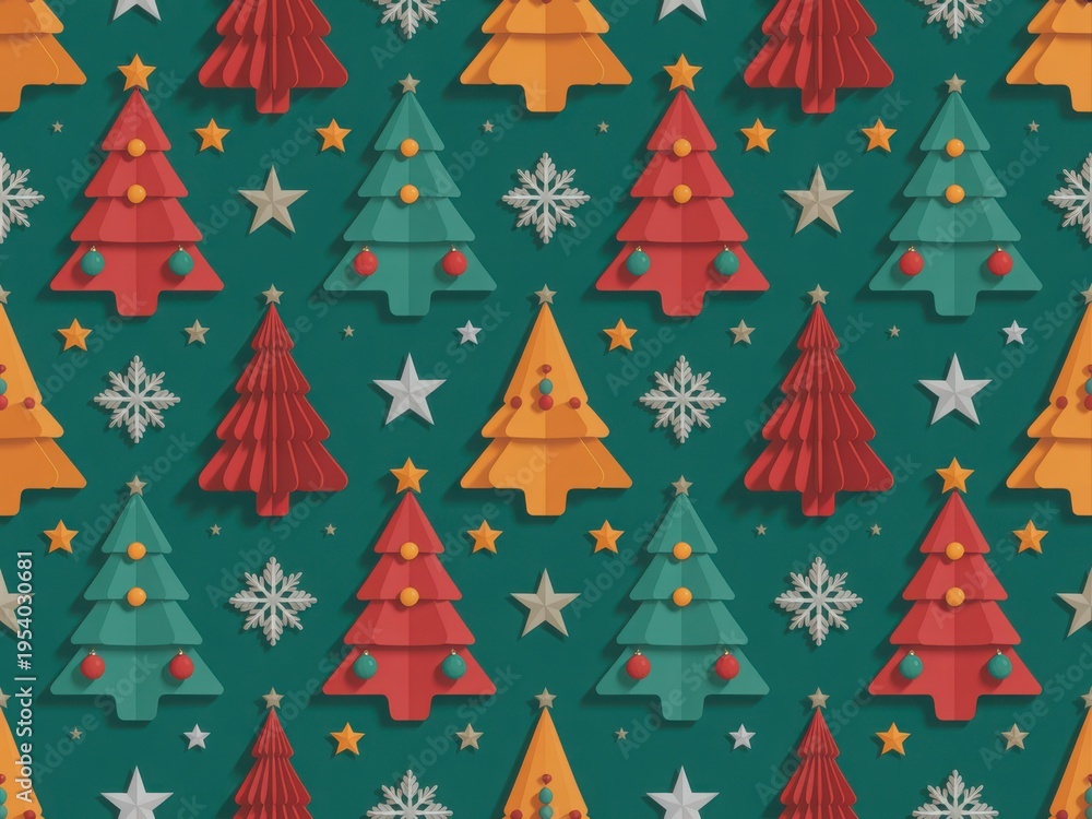 Obraz premium Seamless pattern featuring stylized paper cutout christmas trees and snowflakes on green background