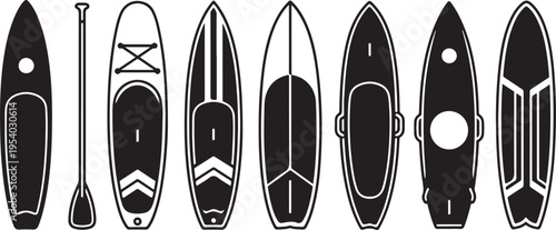 Diverse collection of stand-up paddle boards and kayaks Vector