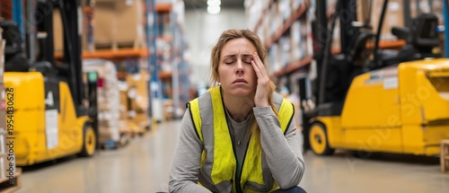 A tired warehouse worker in a safety vest, holding her head in fatigue