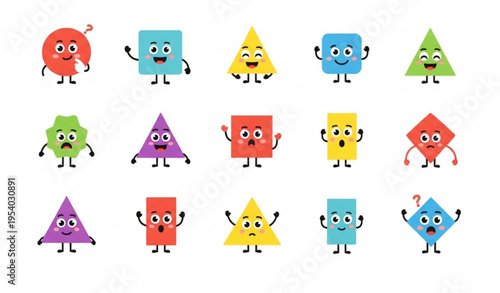 Kids geometric shape characters vector set with funny faces for preschool education