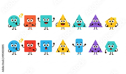 Funny geometric shape characters vector bundle for kids preschool learning design