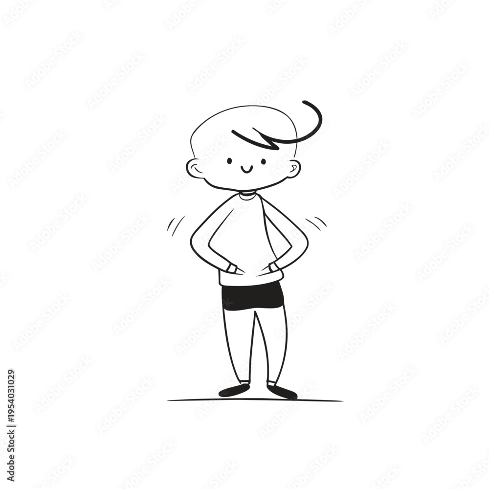 Obraz premium A cartoon boy with a puzzled expression standing with hands on hips