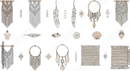Boho Macrame Wall Hanging Vector Set with Dreamcatchers Feathers Tribal Ornaments Woven Rugs and Bohemian Home Decor Elements Collection