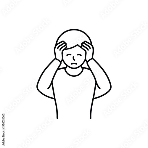 A simple line drawing of a person with their hands on their head