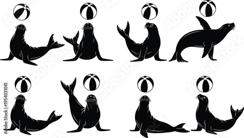 Black, seal, silhouette, set, with, circus, balls, balancing, on, nose, ocean, animals, collection, for, logo, design, isolated, vector, illustration, elements.