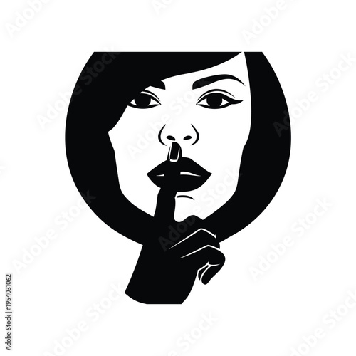 Black and white illustration of a woman with her finger on her lips