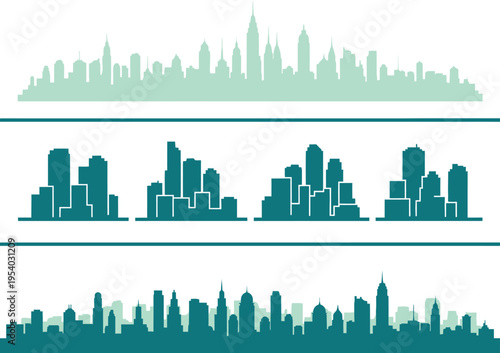 A minimalist graphic showcases repeating city skyline silhouettes in shades of teal and dark green creating a modern pattern high quality