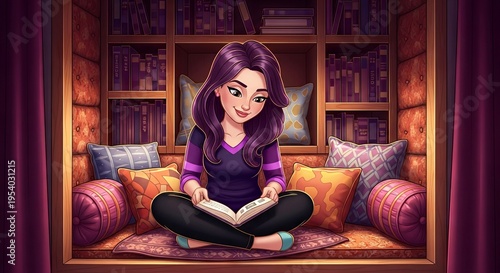 Young woman reading book in cozy nook surrounded by pillows  