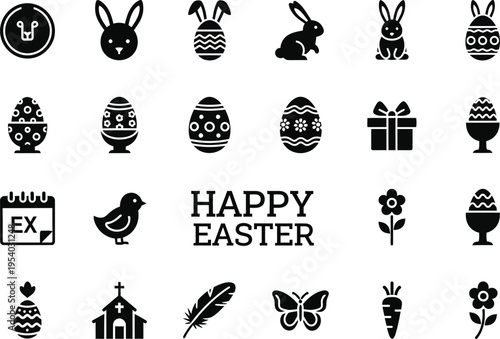 A delightful collection of easter icons including bunnies eggs flowers gifts and decorative elements in a black and white style