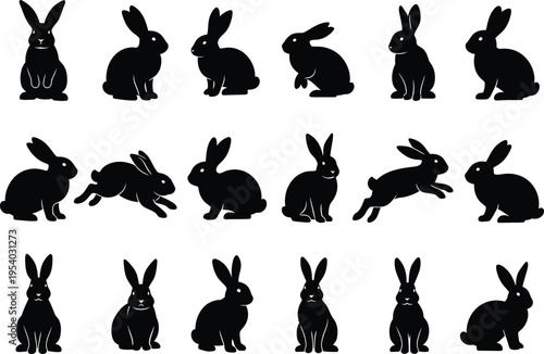 A collection of black silhouette rabbits displayed in various poses including sitting hopping and alert stances showcases their graceful forms