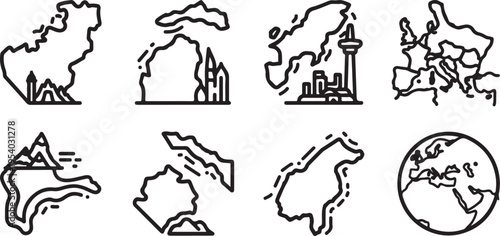 Diverse collection of country silhouettes and a globe illustration Vector