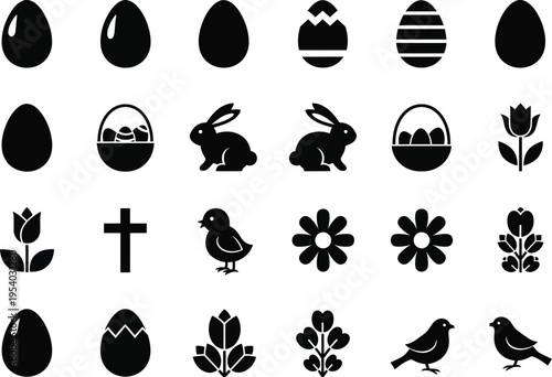 a collection of black silhouette icons depicting easter elements like eggs bunnies flowers and celebratory symbols high quality professional detailed modern