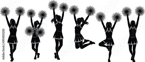 Cheerleader Silhouette Set, Young Women Dancing with Pompoms, High School Spirit Squad, Cheerleading Team Poses, Sports Vector Illustration Isolated White.