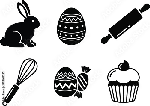 a delightful assortment of black and white easter themed icons featuring a bunny eggs sweets and baking tools high quality professional
