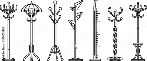 Coat rack icon set vector illustration, standing clothes hanger collection in various styles, furniture outline sketches, interior design elements isolated